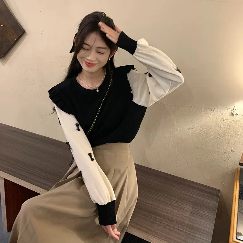 Vintage Patchwork Ruffles Knitted Sweater for Women Brown Sweet Bow O-Neck Pullover Korean Lantern Sleeve Top