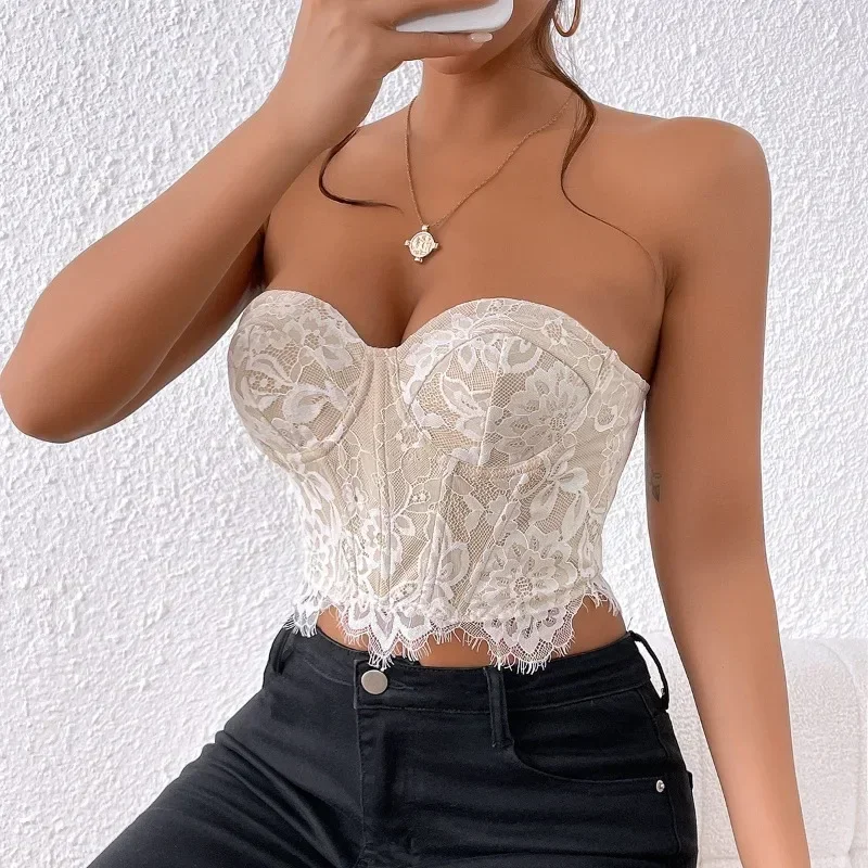 CHUANGERM Sexy Lace Sleeveless Bare Shoulder Crop Top Corset Embroidery Floral Tube Top Strapless Fishbone Backless Camisole