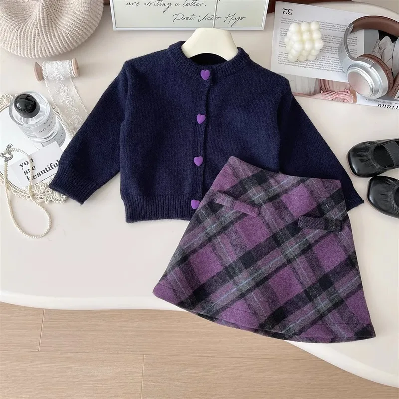 Girls Autumn Fashion Set Heart-Shaped Button Sweater Coat And Checked Skirt Two-Piece Outfit for Girls