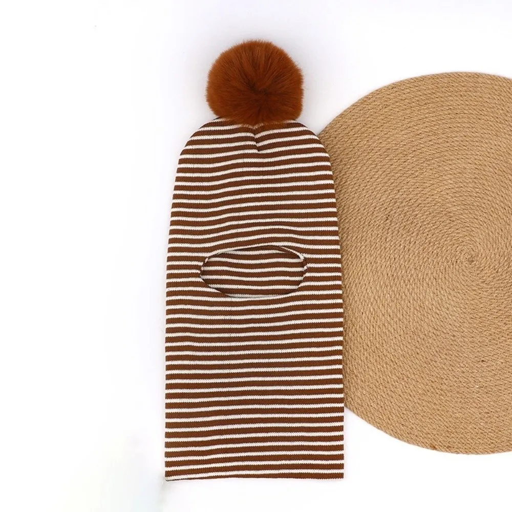 Striped Pattern Balaclava Hat Pom Pom Design Neck Protection Integrated Scarf Hat One-Piece Construction Warm Fleece Lining