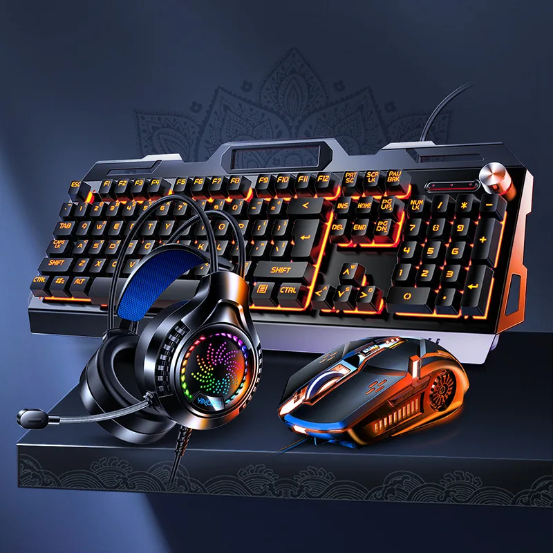Wired Gaming Keyboard Mouse Headset Combo Set Metal Panel Knob Volume Control Rgb Backlight Usb Connection Desktop Laptop Office