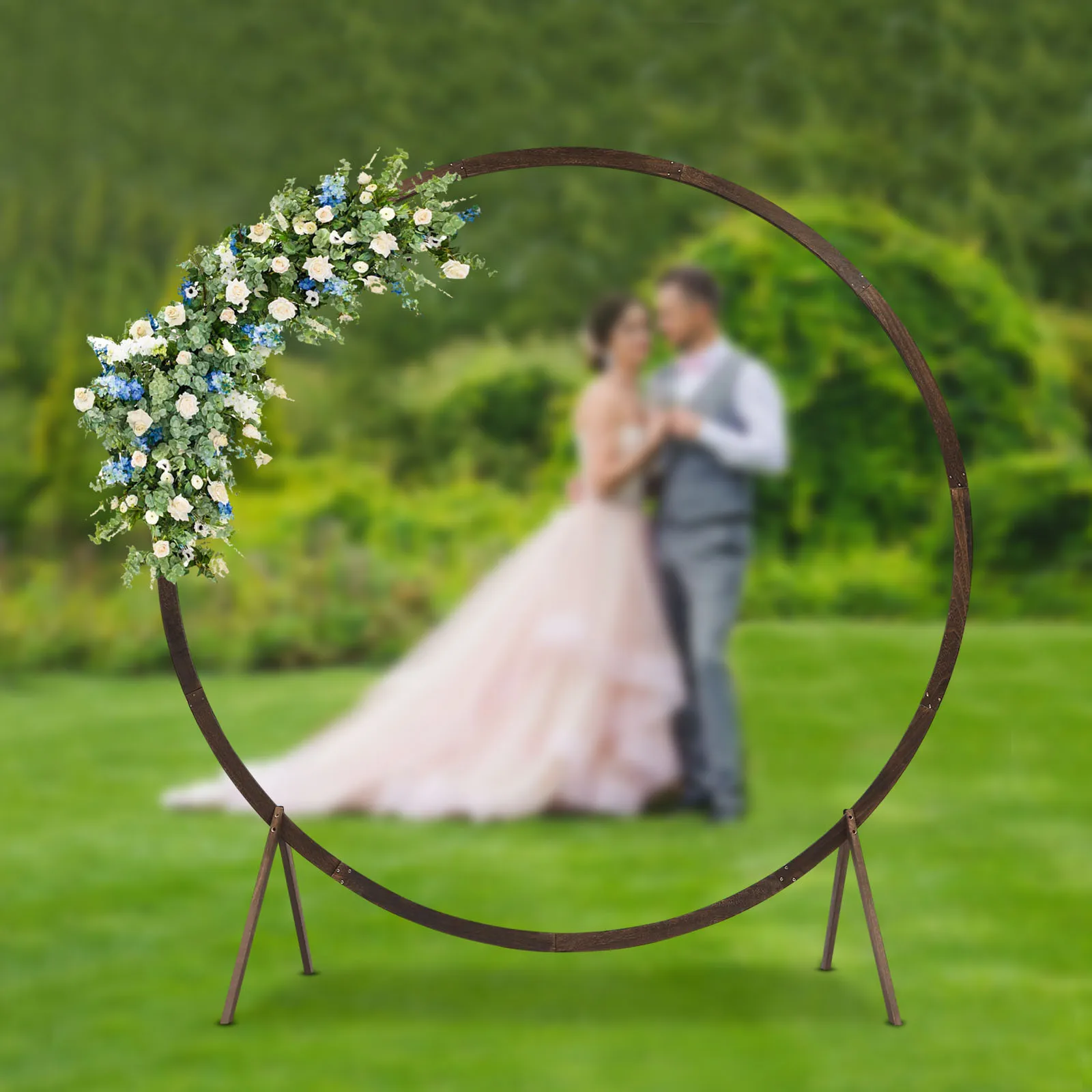 7.2FT Round Wedding Arch Backdrop Stand, Rustic Wedding Arches for Ceremony, Elegant Wooden Arch for Outdoor Lawn Wedding Party