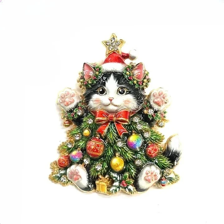 Vintage Strass-Emaille-Brosche für Weihnachten und Halloween, Katzen- und Hundekranz-Anstecknadel, Modischer Tierschmuck – Detail 5