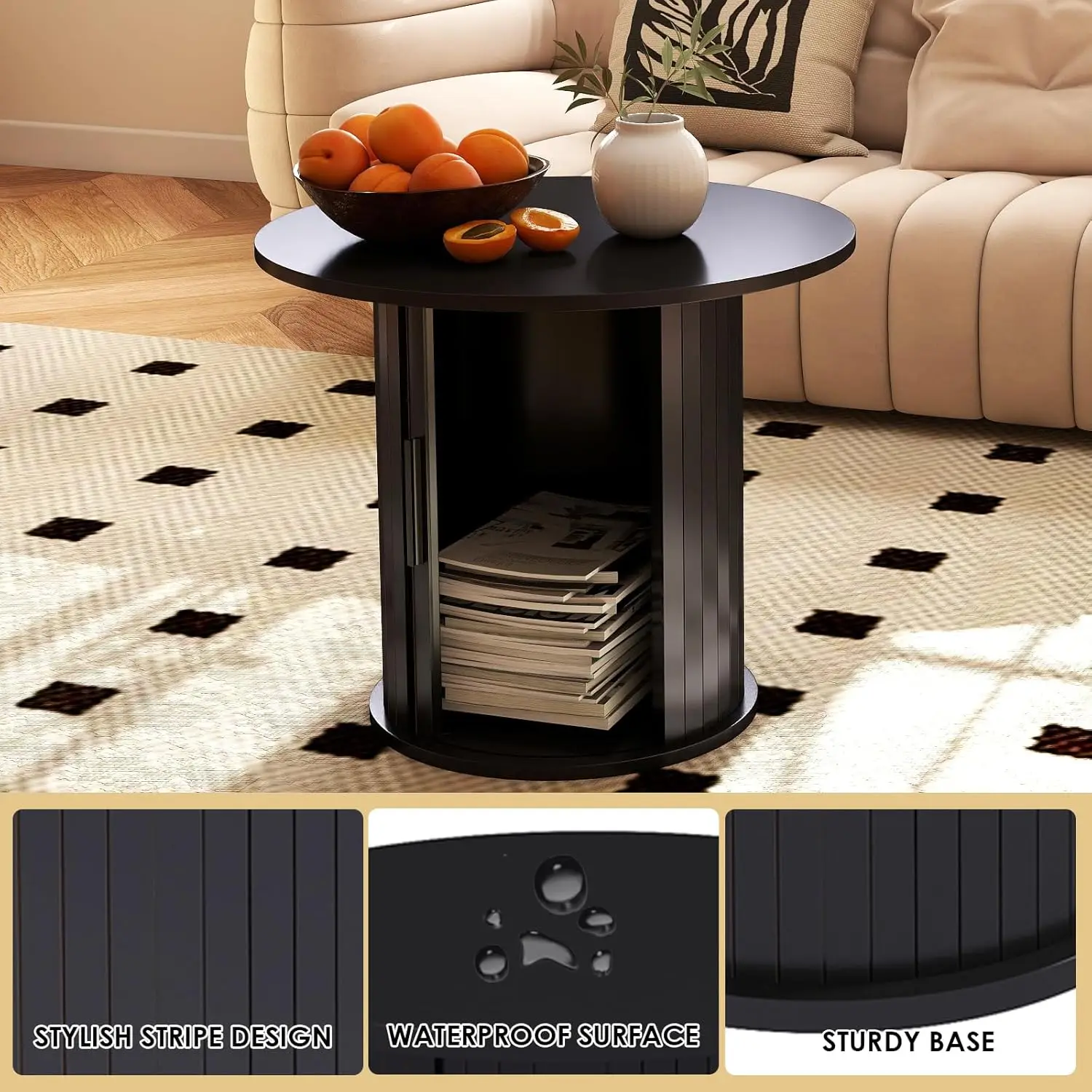 طاولة قهوة خشبية مستديرة مقاس 23.6 بوصة مع مساحة تخزين مخفية وباب منزلق، مجموعات طاولات جانبية للمزرعة الدائرية لغرفة المعيشة وغرفة النوم، Ba