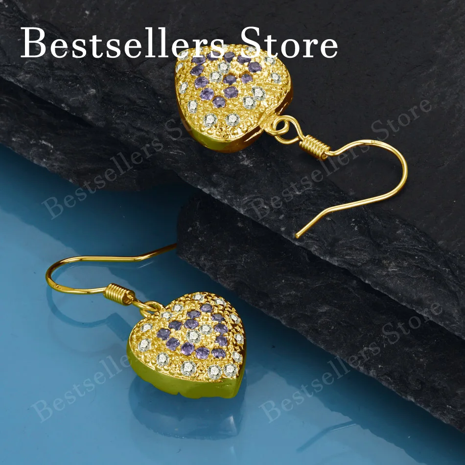 Exquisite 18K Gold-Plated Heart-Shaped Purple Zircon Earrings – Fashionable Jewelry for Women's Weddings and Parties