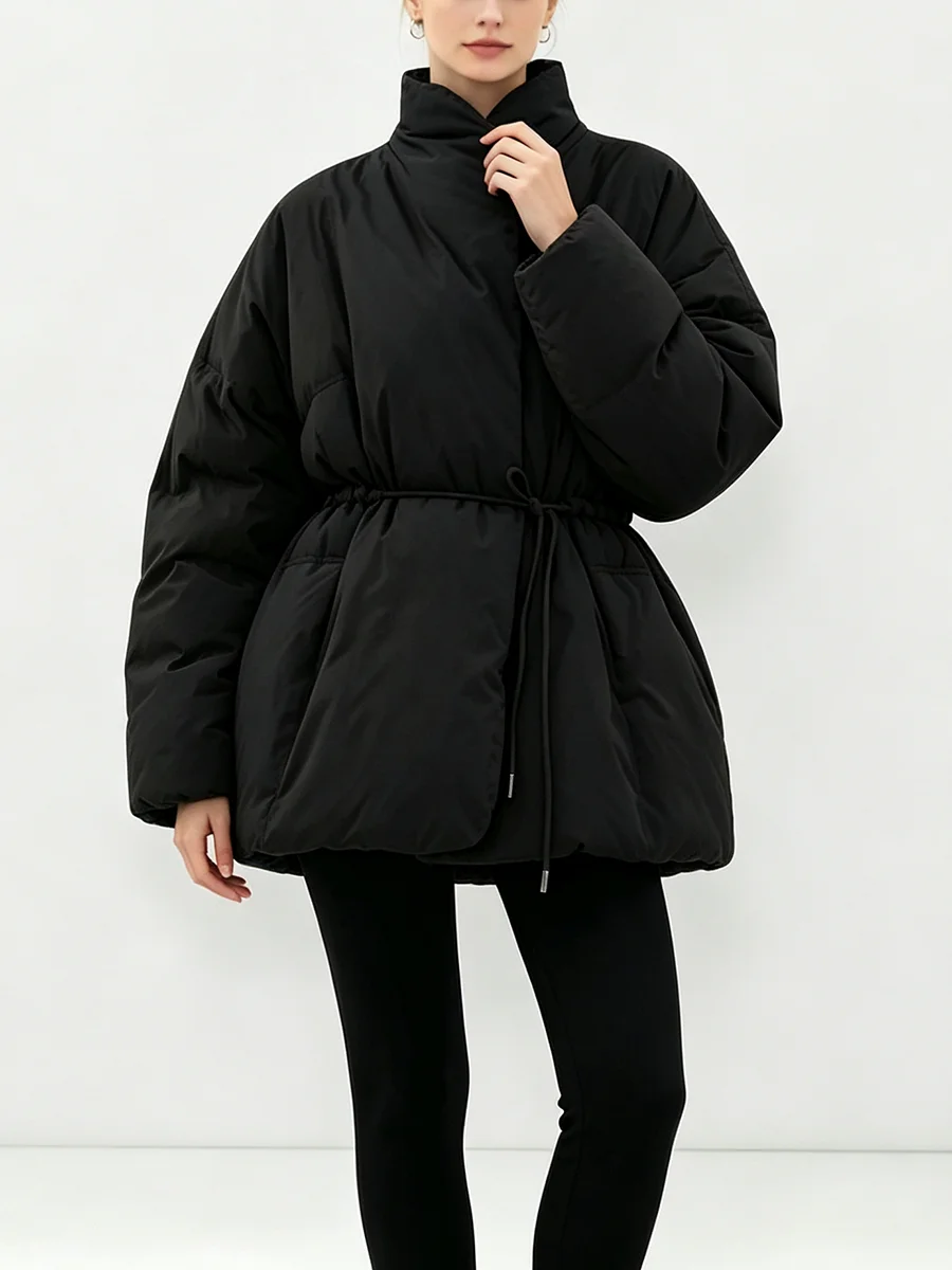 LIMO Women Stand Collar Drawstring Waist Belt Loose Long Sleeve Warm Winter Casual Ladies Wrap Style Quilted Coat