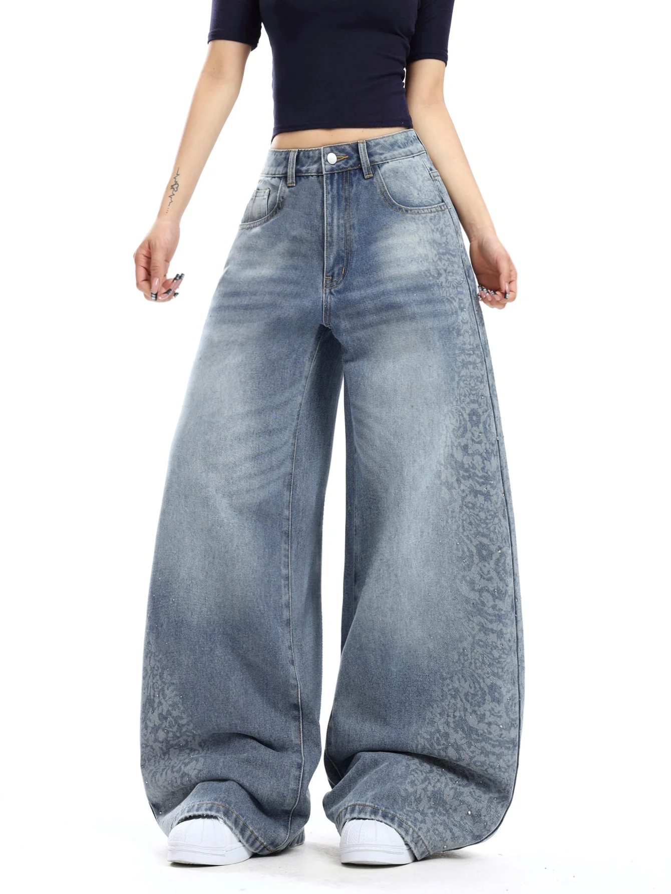 American Style High Waisted Wide Leg Y2K Jeans With Hidden Patterns, Embossed Hot Stamping, And a Hanging Feel On The Side