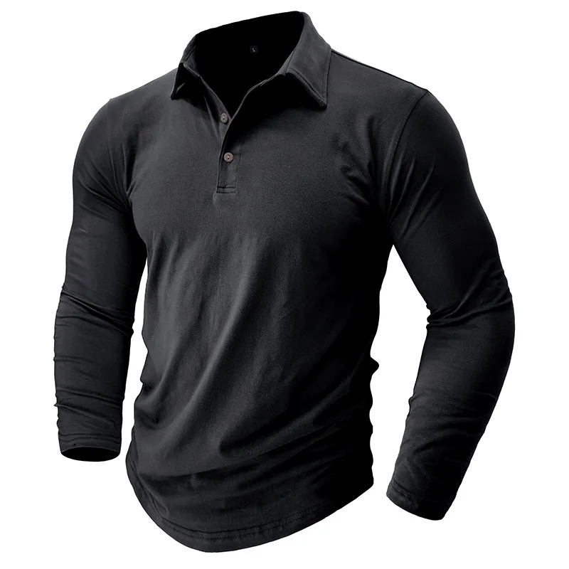 

New Lapel European and American Men's T-shirts Solid Color Men Pure Cotton Long-sleeved Polo Shirts