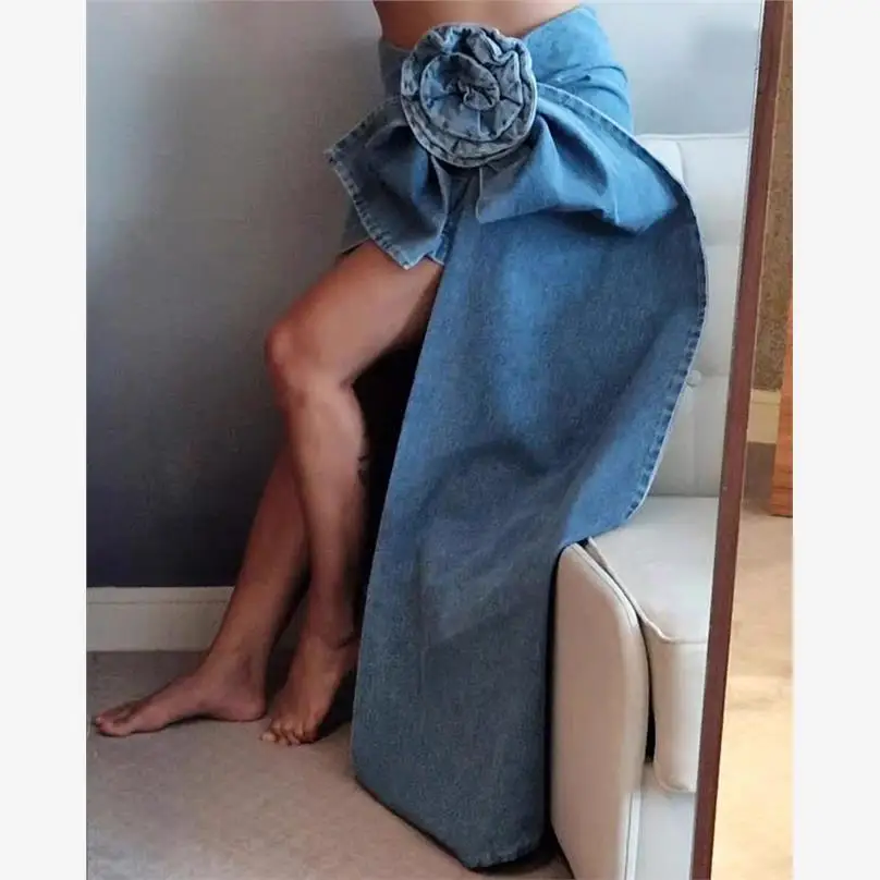 

Handmade Rose Floral Denim Skirt ort Street Sle High Waist Spring Cotton Pure Color Layered Long Sa Design Women's Skirt