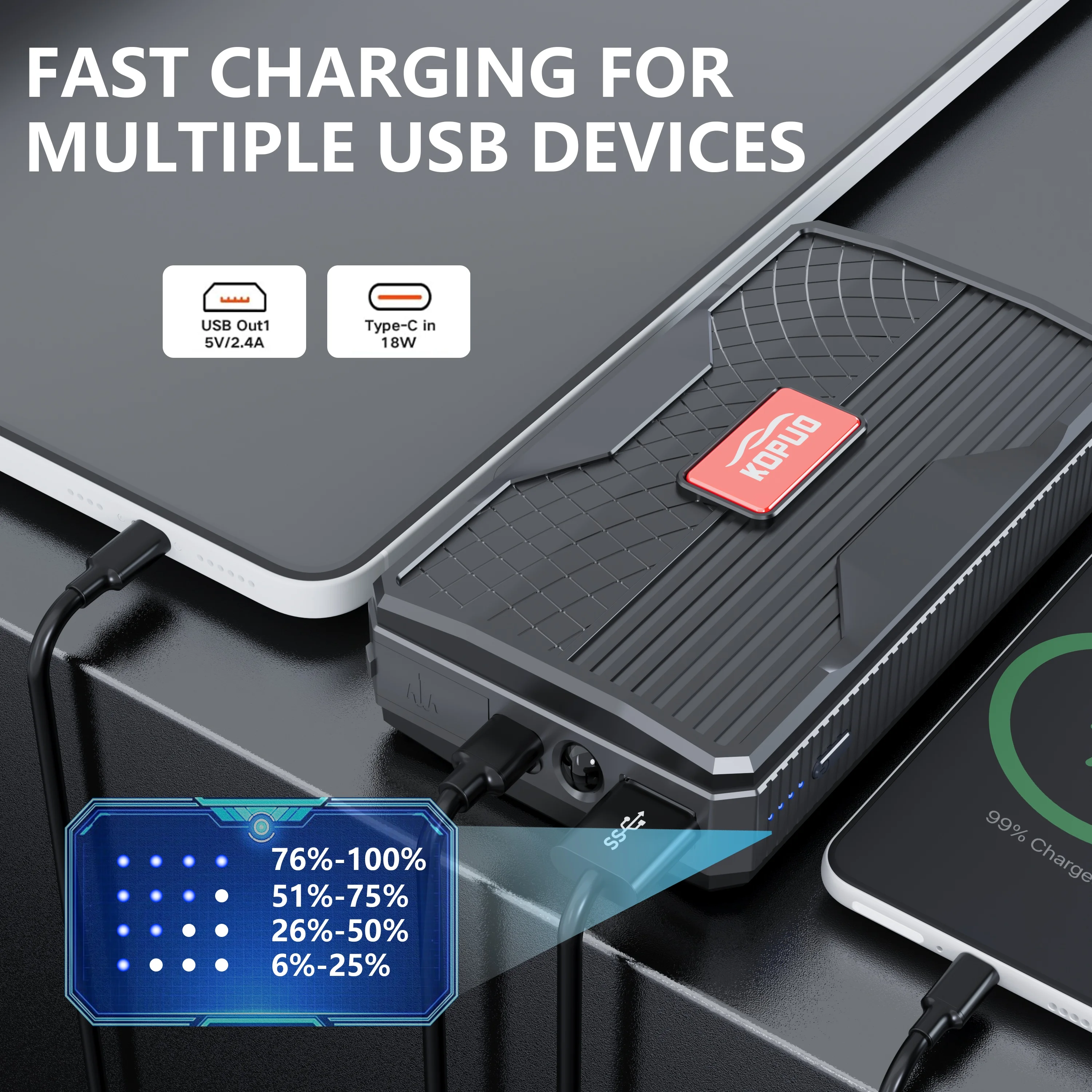 KOPUO سيارة الانتقال كاتب 600A 12 فولت بنك الطاقة المحمولة للبطارية الميتة بداية سريعة لمركبات الديزل البنزين