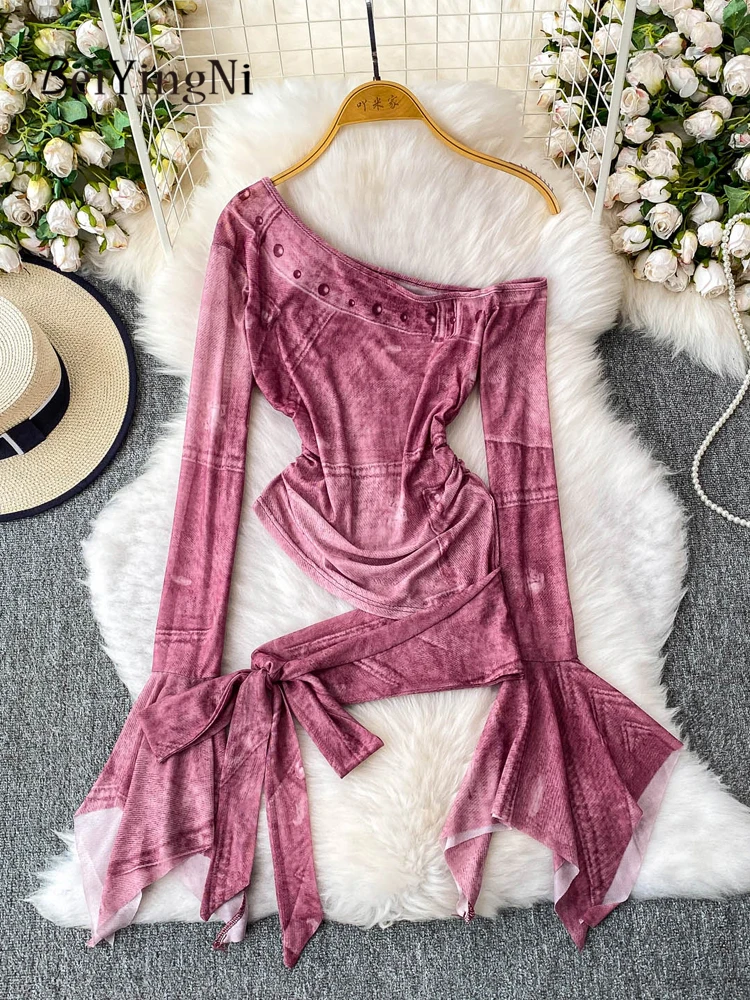 

Beiyingni American Style y2k Tshirt Women Sexy Hot Girls Flare Sleeve Off Shoulder T-shirts Female Spring Fall Casual Slim Tops