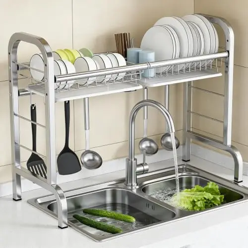 Over The Sink Dish Drying Rack,1/2-Tier Kitchen Organizers | Stainless Steel,with Utensil Holder,for