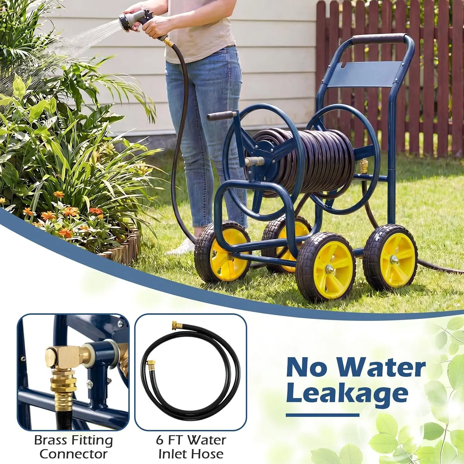 Mobile Garden Hose Reel Cart, Heavy Duty Metal Frame Water Hose Roller Organizer With Four Solid Wheels, High Capacity Outside Watering Winder For Yard Lawn Patio Garage, Navy Blue - view 4