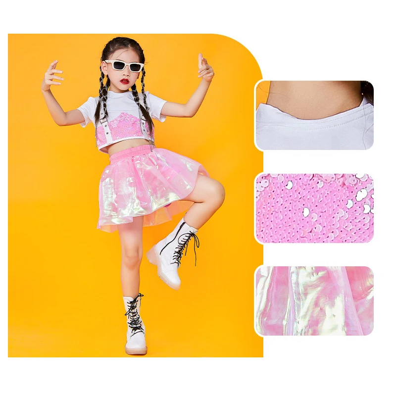 LOlanta Child White Pink Sequins Cropped Top Skirt Shorts Dance Clothing Kids Jazz Hip-hop Performance Costume Summer Wear