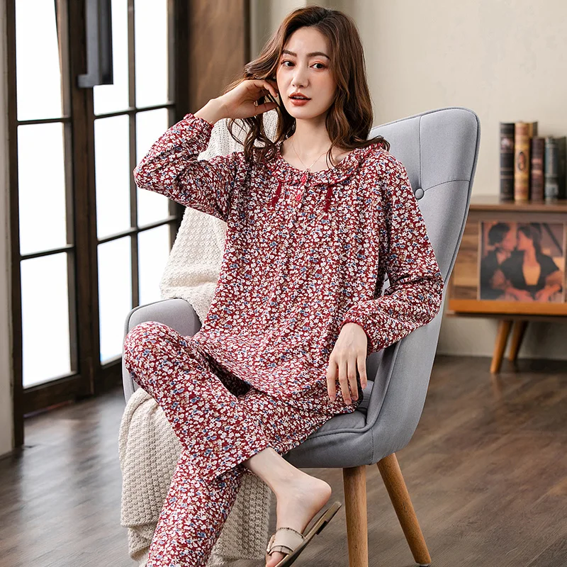 Autumn Knit Cotton Long Sleeve Pajamas For Middle Aged Lady Round Neck Sleepwear Small Flower Female Lounge Pajama Sets