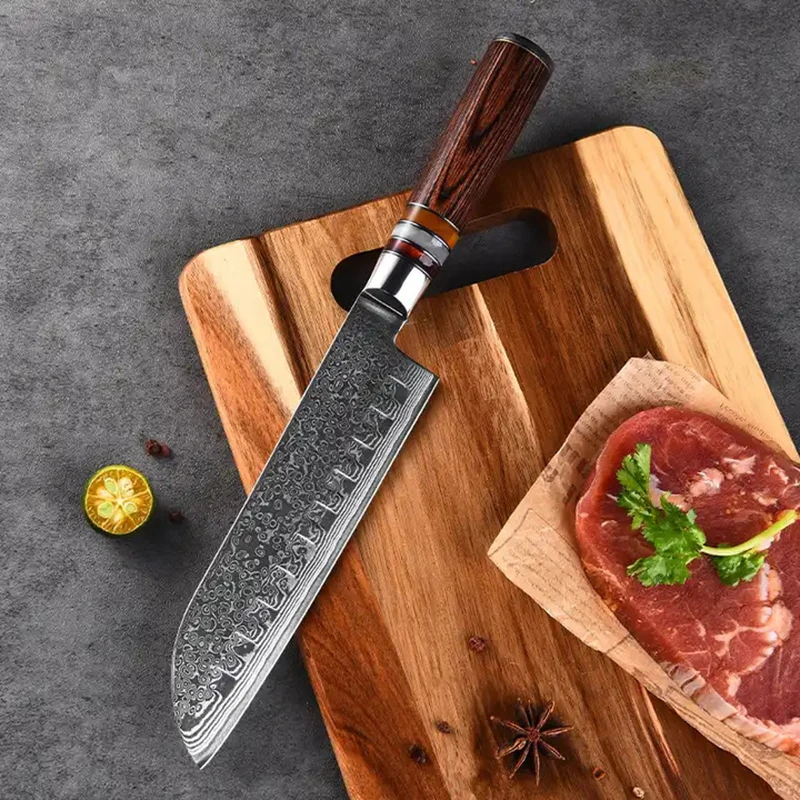 

6.5 Inch Santoku Knife Wood & Resin Handle 10Cr15CoMoV 67 Layers Damascus Steel Blade Sharp Chefs Cleaver Slicing Kitchen Knives