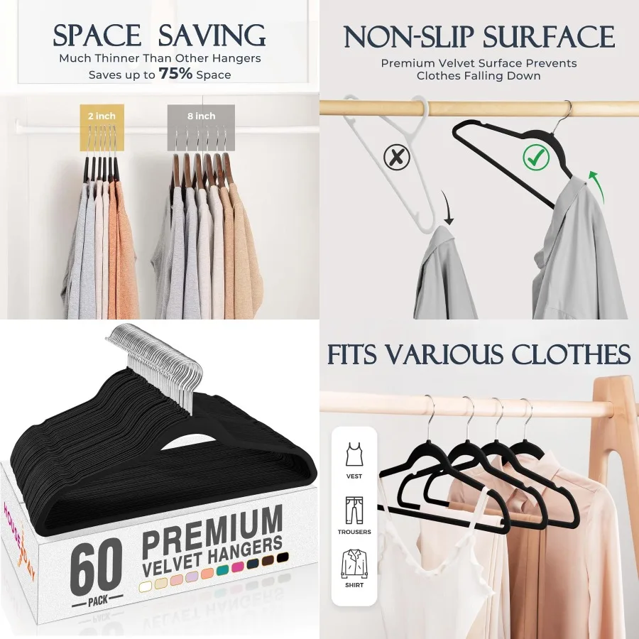 

Black Velvet Hangers 60 Pack Non Slip Clothes Felt Hanger Heavy Duty for Coat Premium Slim Space Saving Suit Hangers for Closet