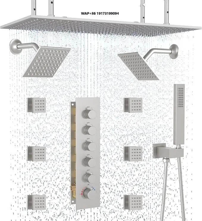 Waterproof Brass Thermostatic Shower System with Brushed Finish Soft & Rain Spray Large LED Shower Set for Apartment & Hotel Use