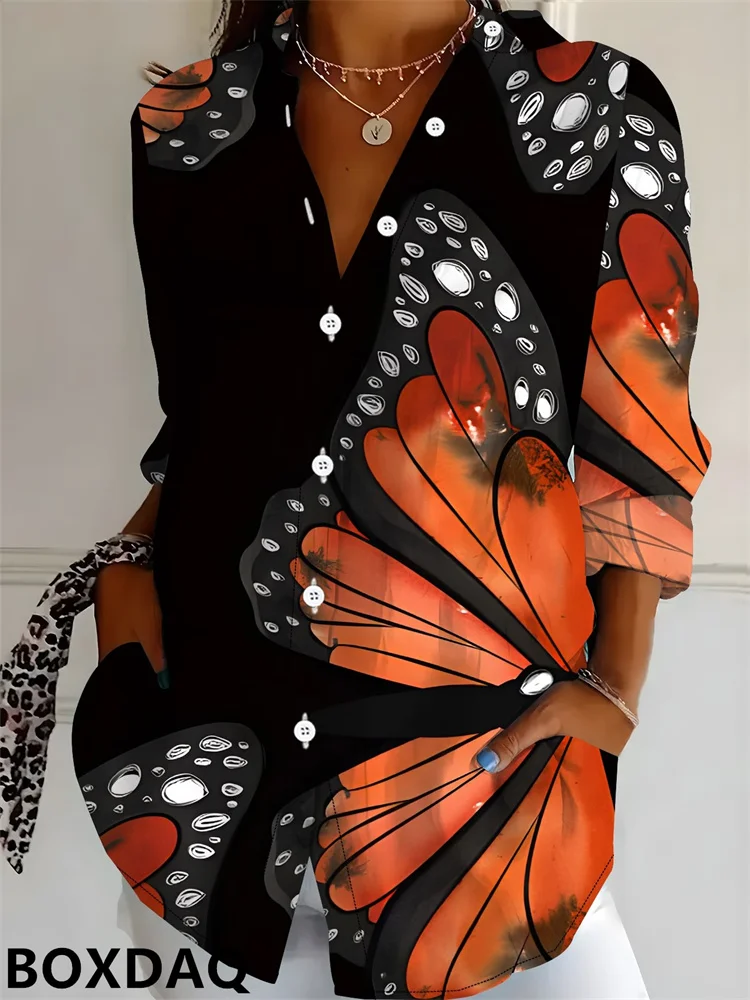 2026 New Women's Blouse Casual 3D Butterfly Pattern Floral Print Long Sleeved Lapel Button Loose Daily Autumn Shirts