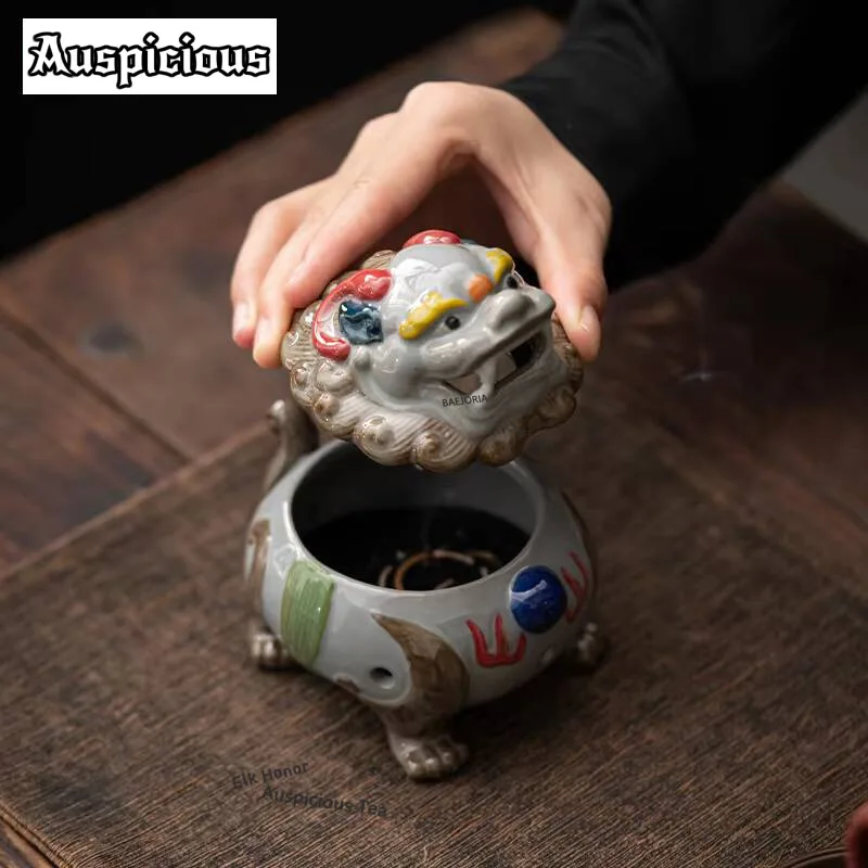 Ancient Colored Pottery Clay Incense Burner Hand Painted Lion Divine Beast Incense Holder Aromatherapy Furnace Home Decoration