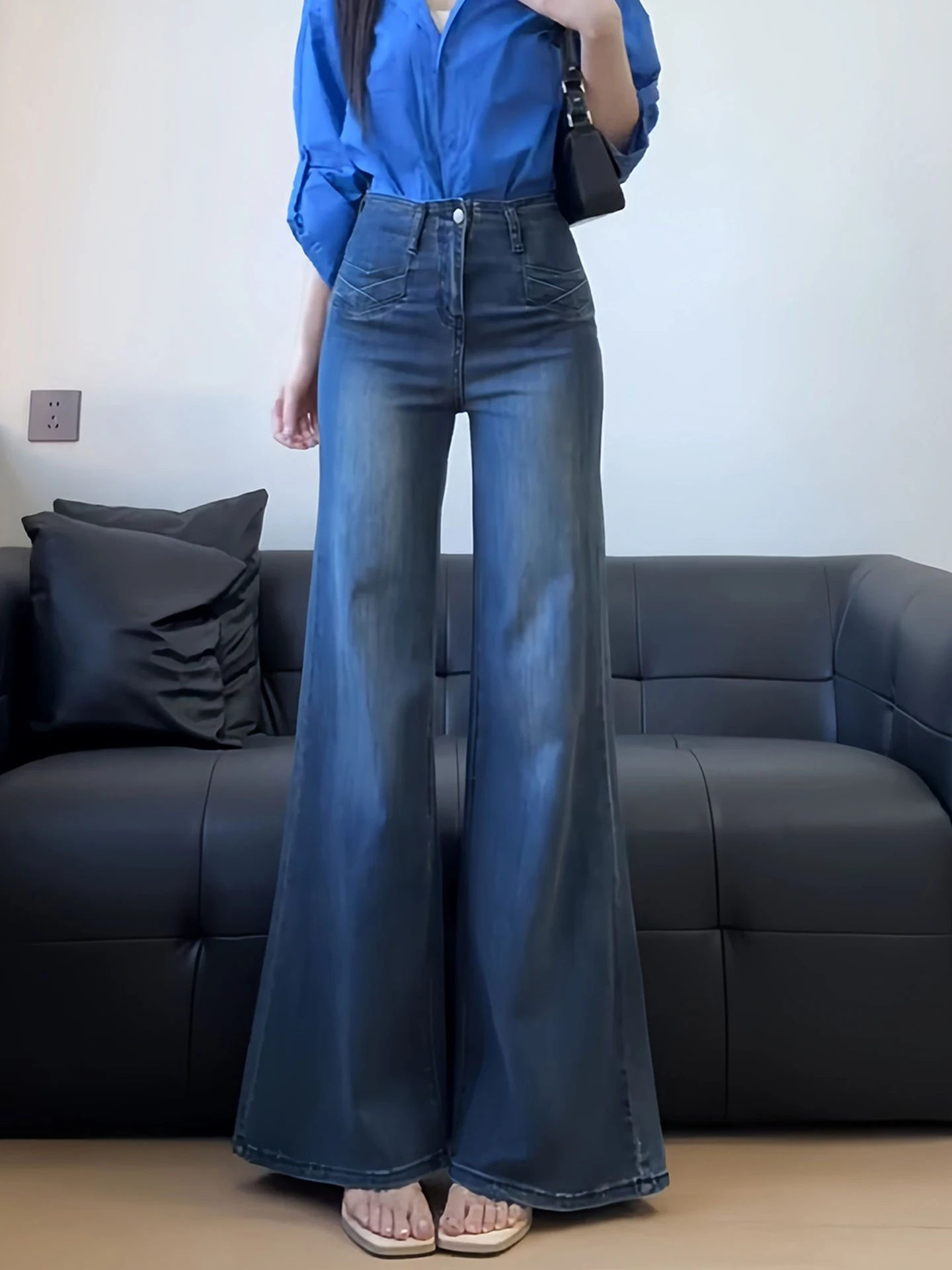 

Женские летние джинсы с высокой талией, широкими штанинами-клеш, свободного кроя, в американском стиле, однотонные, повседневные