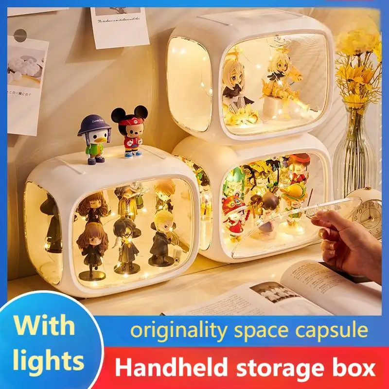 

Blind Box New Bubble Mart Handheld Storage Box with Light Desktop Display Stand Acrylic Cartoon Plastic Space Cabin