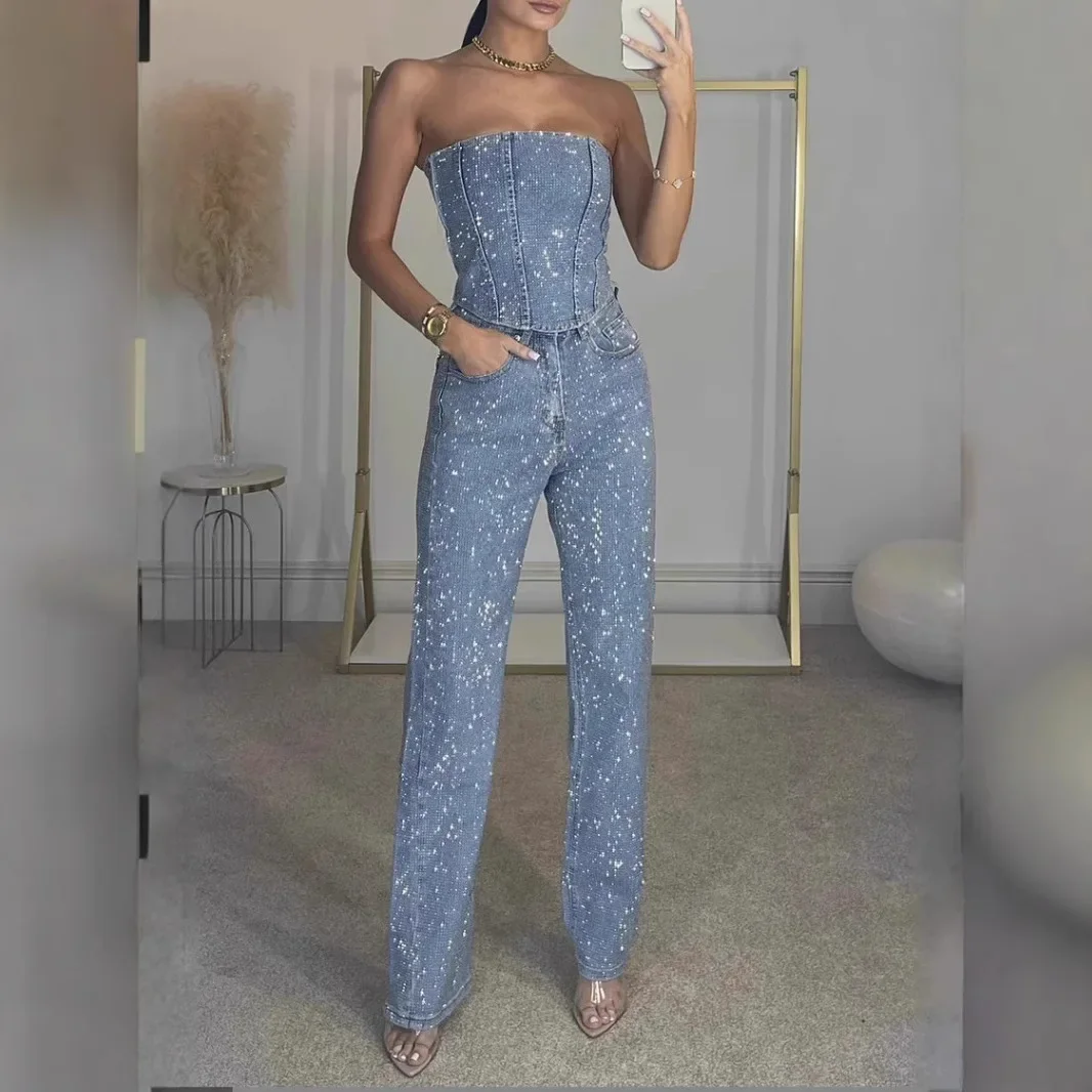 

2025 Summer Sequined Denim Tube Pants Women Sexy Outfit Sleeveless Backless Crop Top Straight Trousers Spring Street Lady Suit