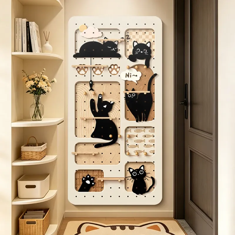 Cartoon Pattern Solid Wood Wall Shelf Multi Layer Storage Display Rack Entrance Decorative Hole Board Organizer