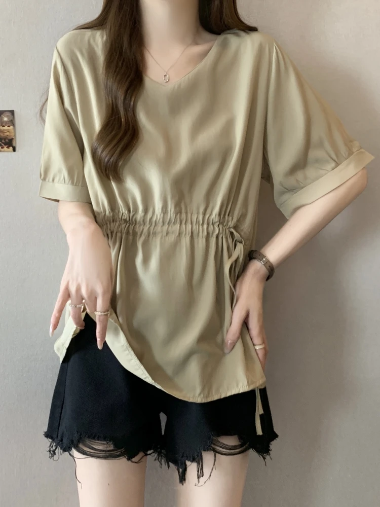 Women's Summer Short Sleeve V-Neck Chiffon Shirt Drawstring Waist Design Slimming Effect Belly Covering Top Korean Style