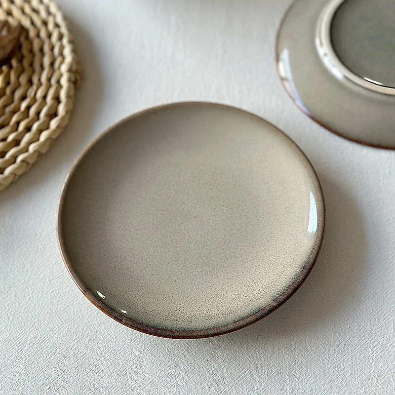 Japanese Retro Ceramic Plate Kiln Transformed Afternoon Tea Snack Pastry Flat Dish Household Simple Breakfast Bread Round Plates