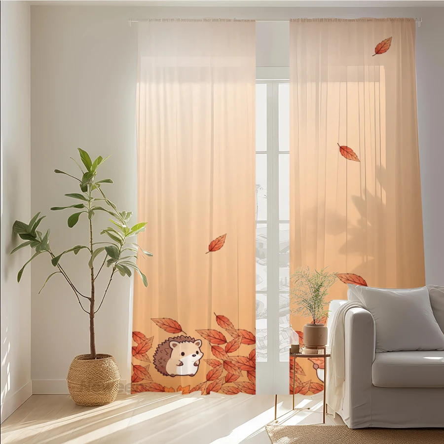 2PCS Digital Print Sheer Curtain, Cute Hedgehog Fall Maple Leaf Autumn Animal Window Drapes for Living Room Bedroom Home Decor