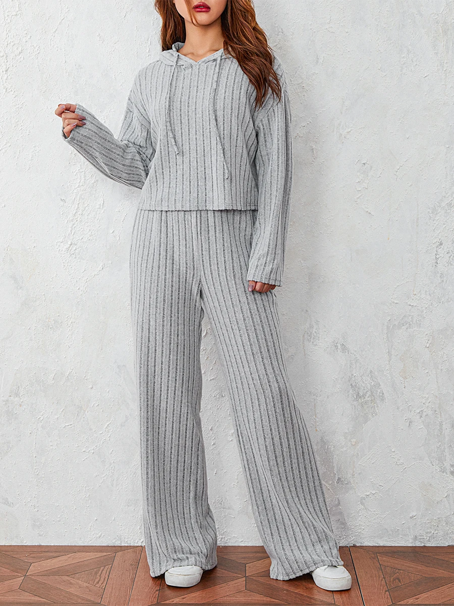 

Women s Summer 2 Piece Knit Loungewear Ribbed Knitted Hoodie and Wide Legs Pants Set Tracksuit Casual Outfits