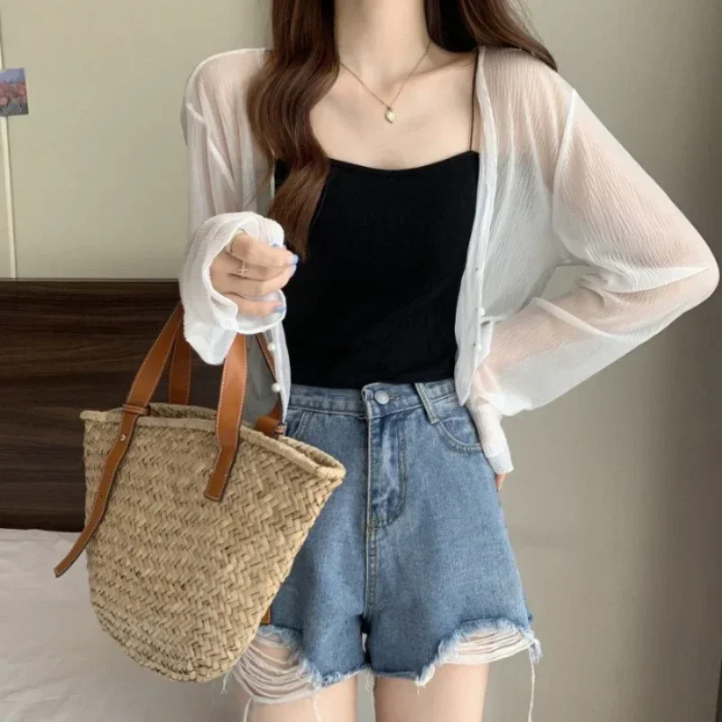 Fairy Style Solid Cardigan Women Summer Long Sleeve Sunscreen Sweet Beading V-neck Basics Loose Chiffon Cardigan