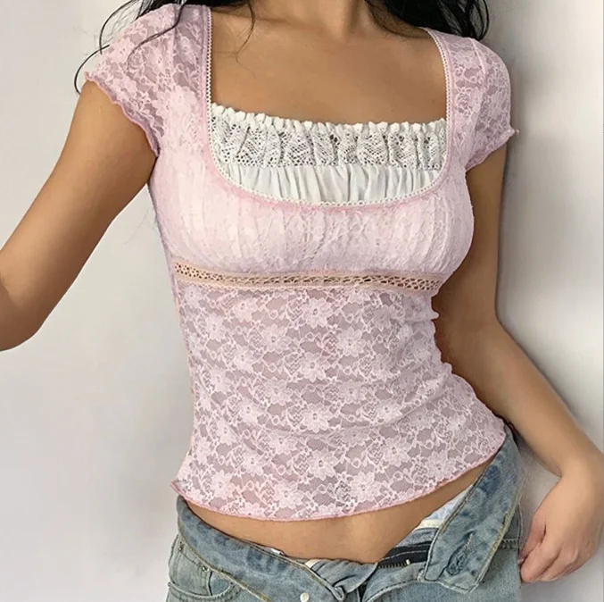 

Top Women 2025 Summer Fashion Lace Hollow Design Top Women's Slim Fit Solid Color V-Neck Top Women Spicy Girl T-Shirt Y2K Tops