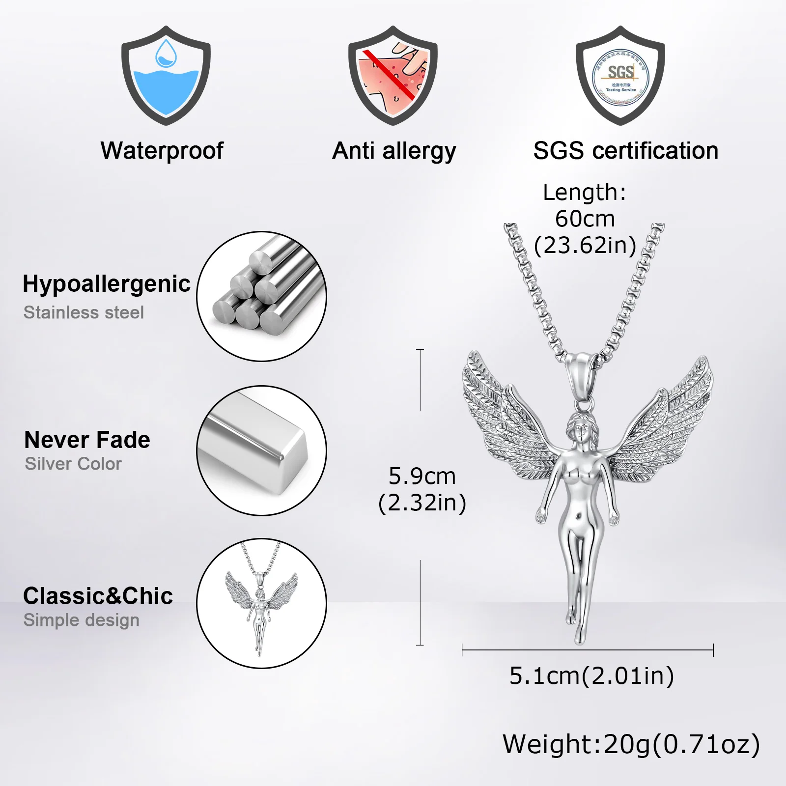 Engel-Halskette mit Ausgebreiteten Flügeln für Männer, 3D Silberfarbener Edelstahl Weiblicher Engel, Rock-Punk-Schmuck Geschenk – Detail 2