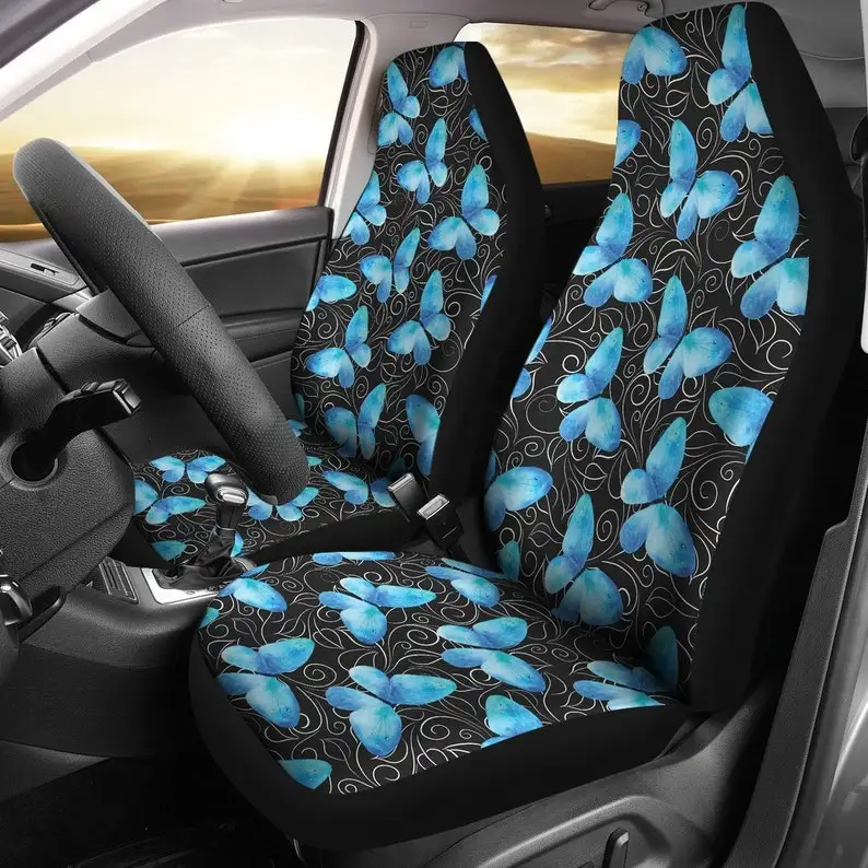 

Blue Butterfly Watercolor Car Seat Covers Set With Black and White Leaves Background Universal Fit For Most Bucket Seats