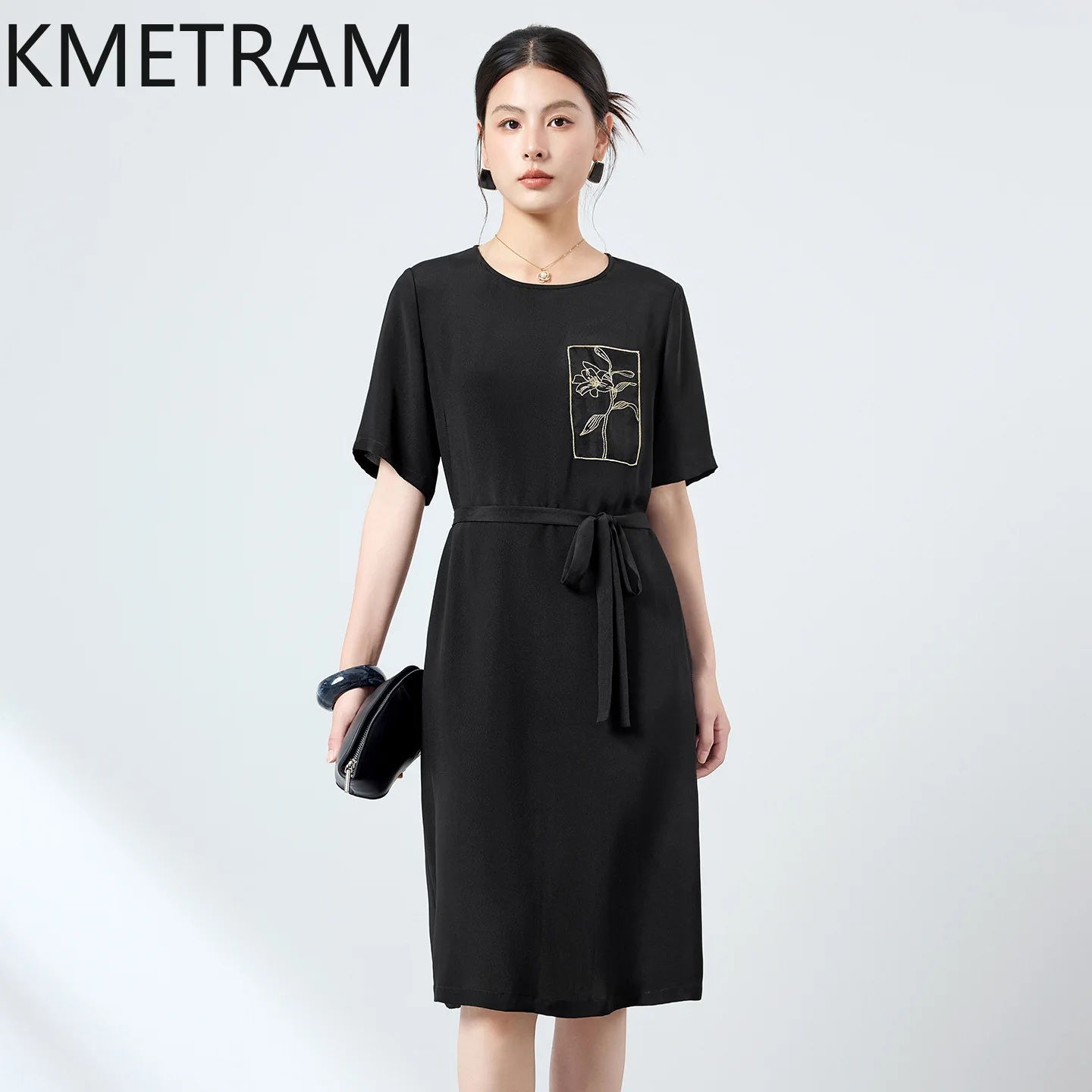 KMETRAM 41.1% Mulberry Silk Women's Casual Dresses Black Embroidered Midi Dress O-Neck Dresses for Woman 2026 Summer Clothes 원피스