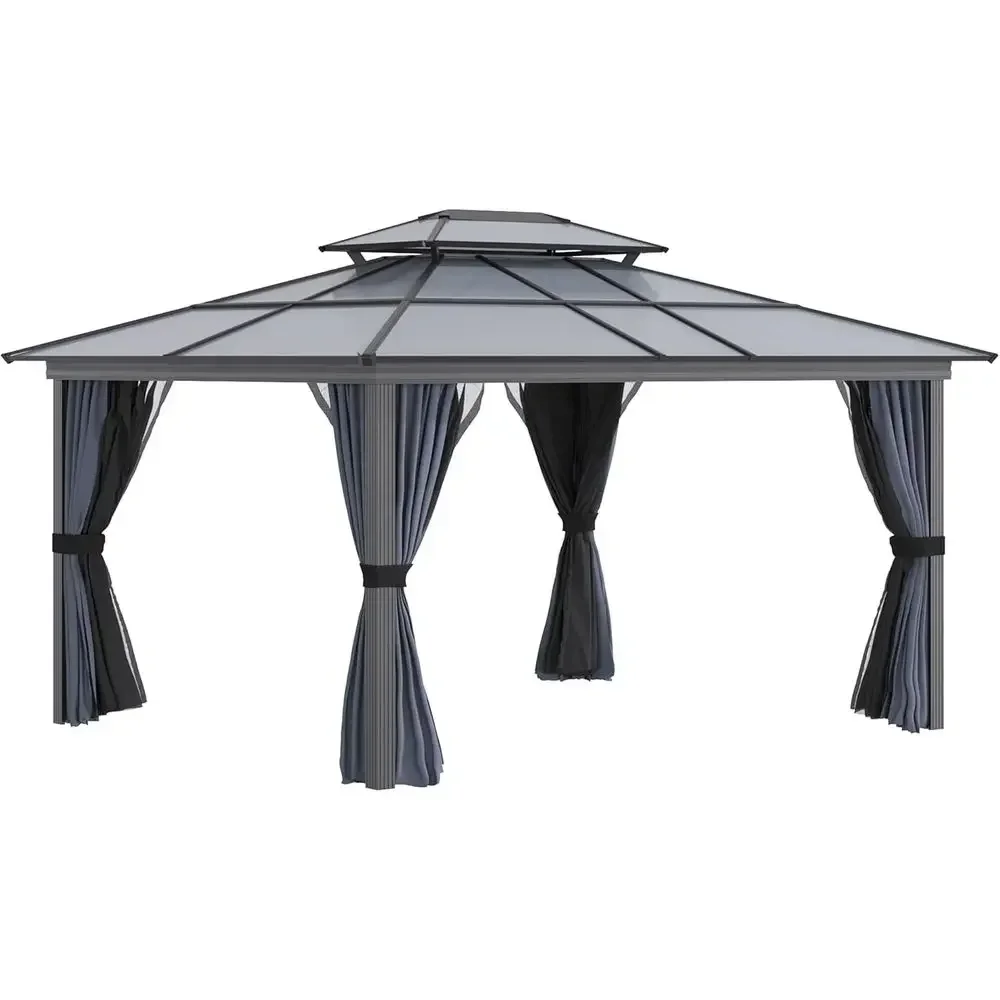 10' x 12' Hardtop Gazebo with Polyte Roo, e, Permanent Pavilion Outdoor Gazebo with Netting, or Patio, Garden, Backyard, Deck, L