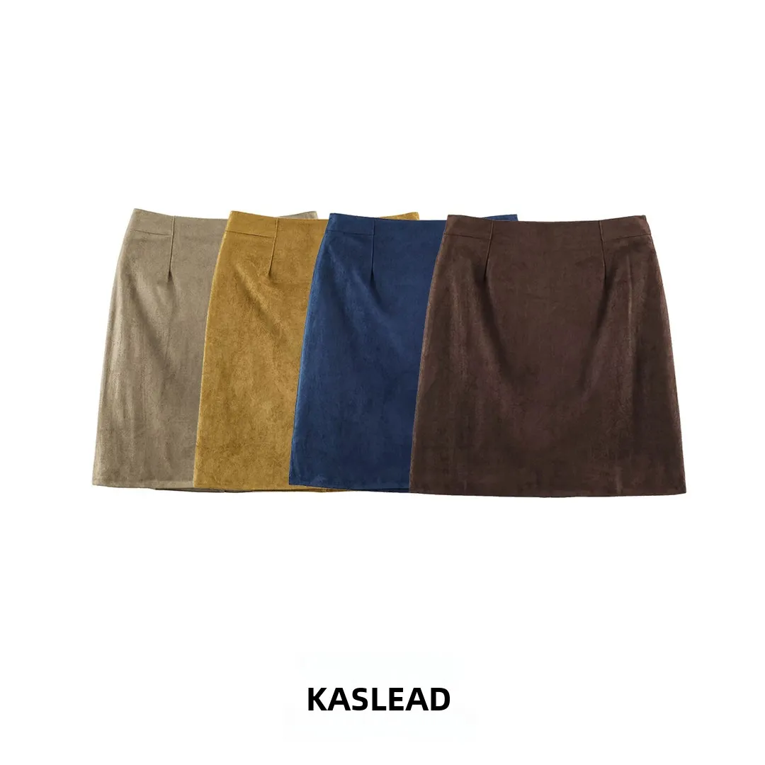 KASLEAD New Women's High Waist A-Line  Skirt Suede Fabric Versatile Retro Style Summer Collection Polyester Fiber