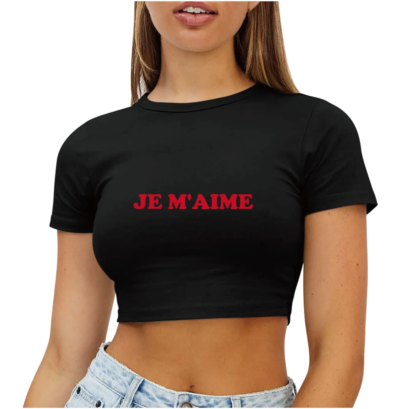 Je M'aime French Style Baby Tee Girls Crop Top Y2K Short Top Letter Printed Baby T-Shirt