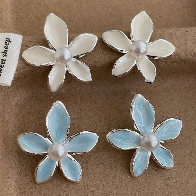 

Minar New Trendy Beige Blue Color Enamel Simulated Pearl Flower Dangle Earrings for Women Silver Plated Alloy Every Day Jewelry
