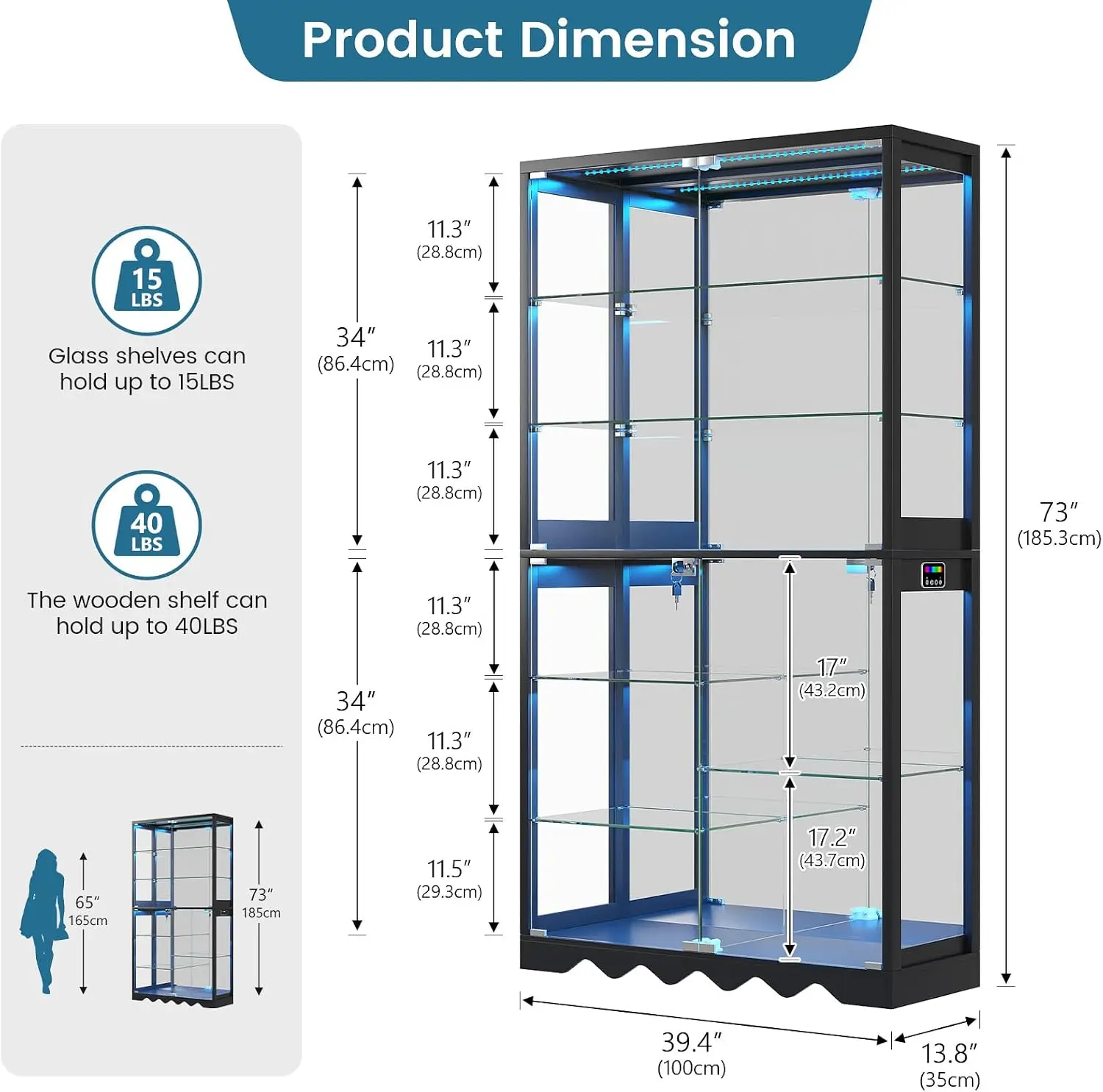 73 Inch Tall 8 Tier Large Glass Display Cabinet Doors RGB Curio Smart Motion Sensor Remote Control Collectibles Figures Lockable