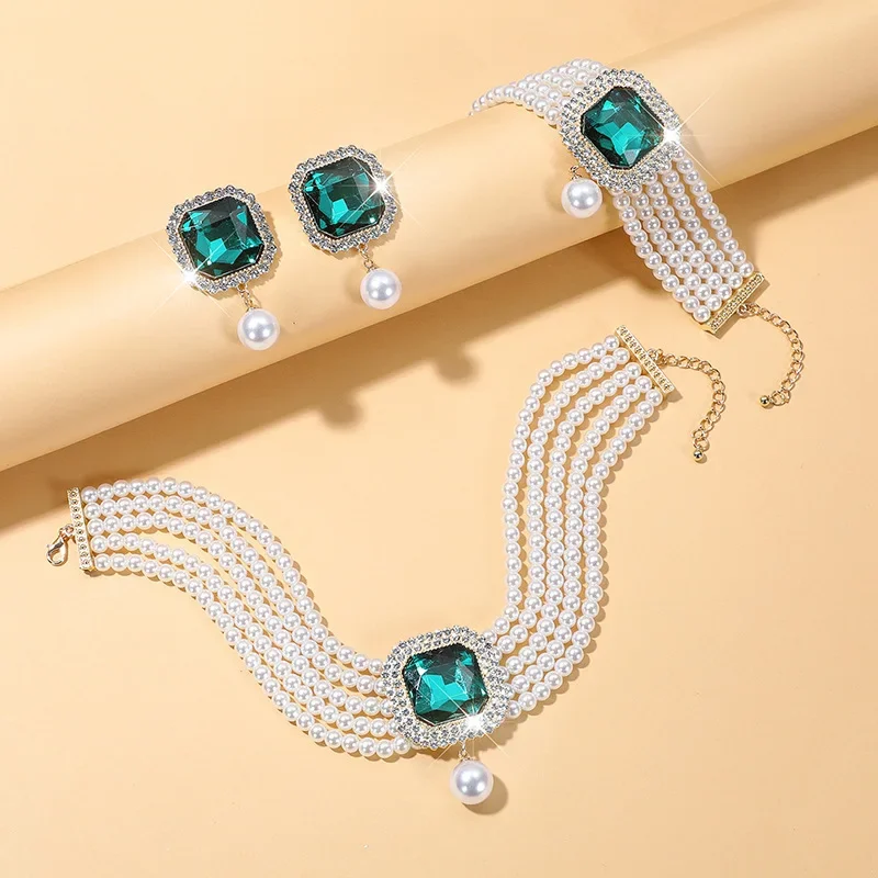 ヴィンテージパールラインストーンウェディングブライダルパールジュエリーセット（女性用、結婚式用）
