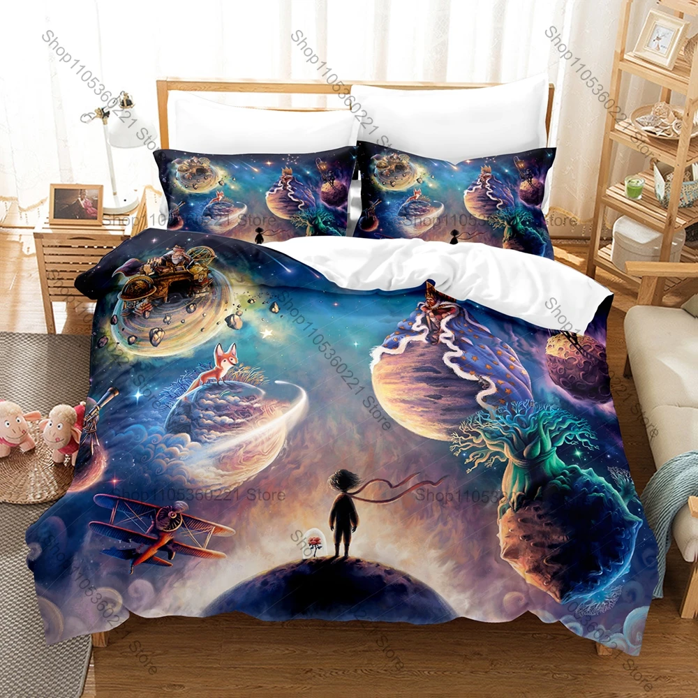 

Vintage Rose Fox Planet Pattern 3 In 1 Bedding Set Quilt Cover With Two Pillowcases Sweet Bedroom Home Gift Little Prince Art