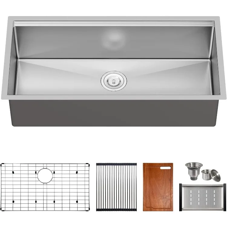 36 inch Workstation Kitchen Sink,Undermount Deep Single Bowl, 16 Gauge Stainless Steel with Integrated Ledge and Accessories