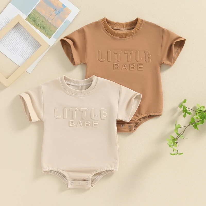 

2024-03-18 Lioraitiin Baby Boys Summer Romper Infant Short Sleeve Crew Neck 3D Letter Print Casual Rompers