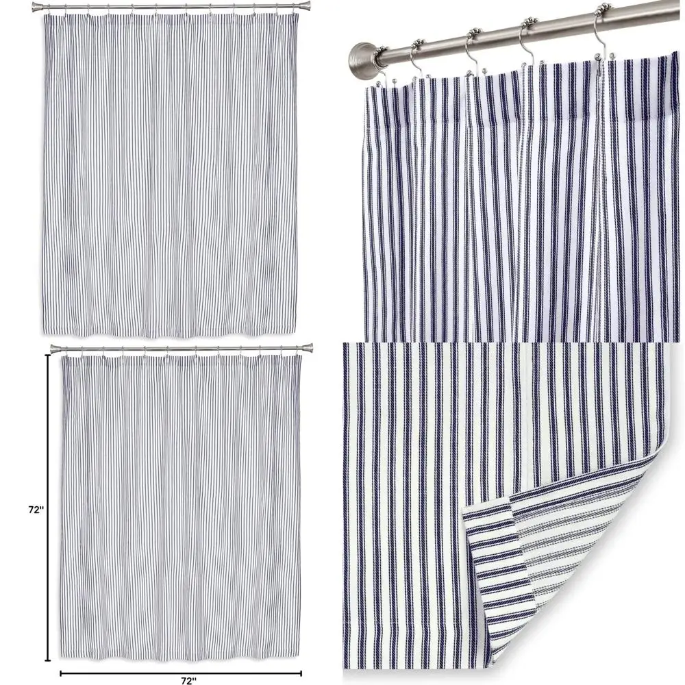 

72 Navy & White Striped Cotton Shower Curtain, 72 Height
