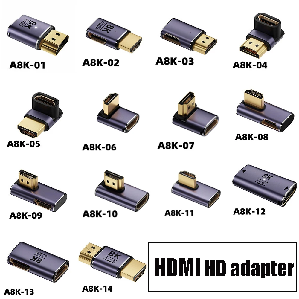 1Piece HDMI HD Adapter 8K@60HZ Upward Bending And Downward Bending AF-AM Side Bending Adapter 2.1 Female To Female UHB