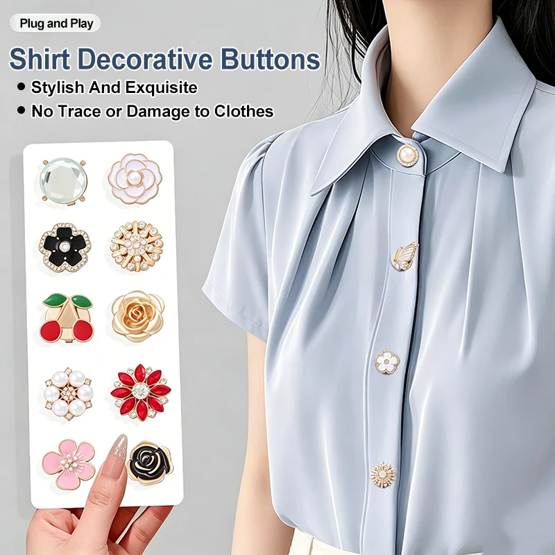 2Pcs No-Sew Decorative Shirt Buttons,Crystal Pearl Button Covers,Detachable Clip-On Blouses Coat Buttons DIY Garment Accessories