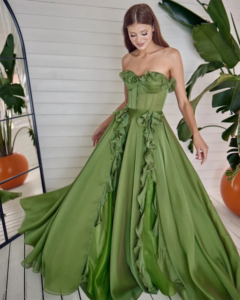 Musetta verde sin tirantes encantador vestido largo de fiesta con volantes vestidos de noche divididos sin espalda con cordones vestido de fiesta Formal para mujer personalizado